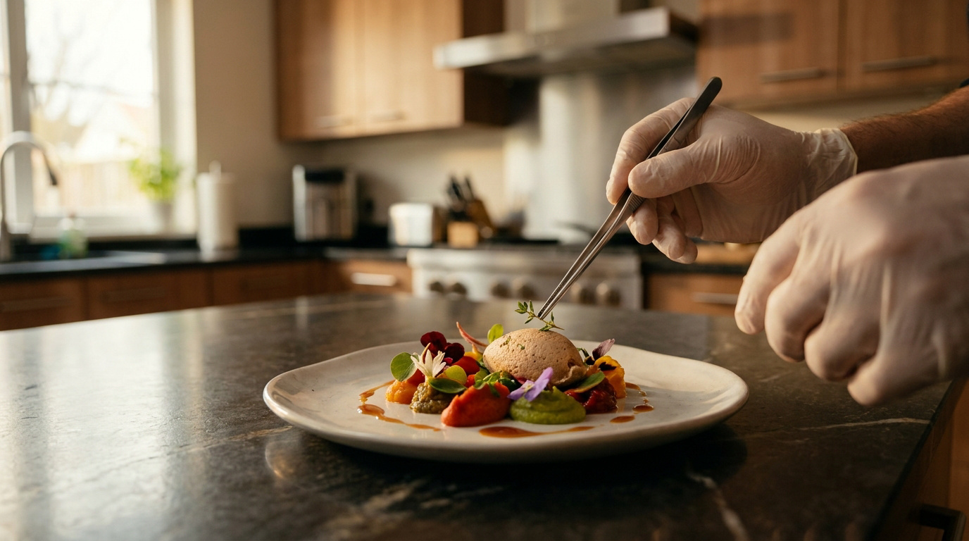 Mains gantées d'un chef dressant méticuleusement un plat gastronomique avec des pinces dans une cuisine moderne.