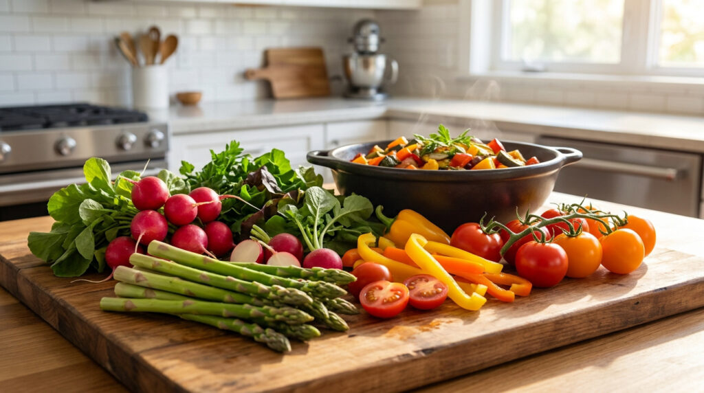 Assortiment de légumes frais (radis, asperges, poivrons, tomates) sur une planche, avec un plat de légumes cuits en fond dans une cuisine moderne.