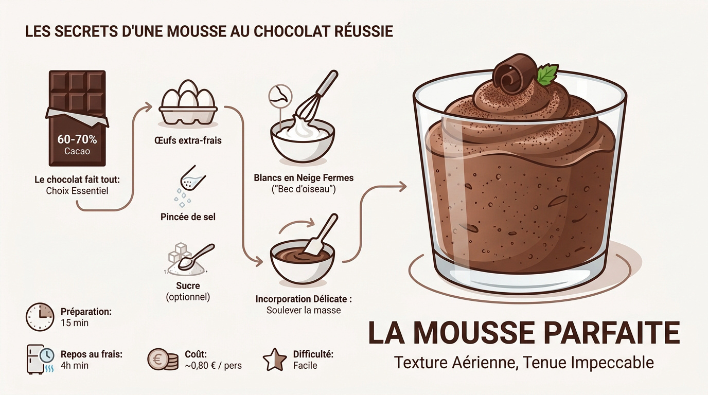 Mousse au chocolat onctueuse dans un ramequin avec des copeaux de cacao