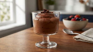 Mousse au chocolat riche dans un verre sur pied, garnie de copeaux, posée sur une table en bois. Bol de fruits rouges en arrière-plan flou.