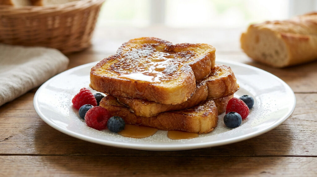 Assiette de pain perdu doré, empilé et arrosé de sirop, garni de framboises et myrtilles, sur une table en bois.