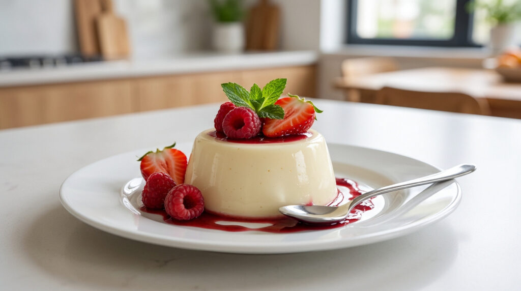 Panna cotta crémeuse sur assiette blanche avec coulis rouge, framboises, fraises coupées et feuille de menthe. Cuillère à côté.