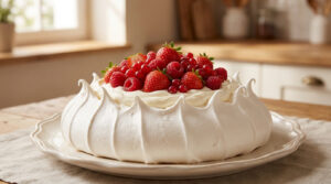 Une pavlova garnie de fraises, framboises et groseilles, posée sur une table en bois dans une cuisine lumineuse.