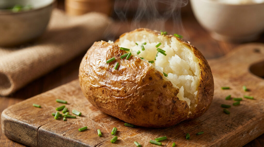 Grosse pomme de terre au four fumante, coupée en deux, garnie de ciboulette fraîche sur une planche en bois rustique.