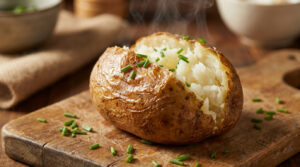 Grosse pomme de terre au four fumante, coupée en deux, garnie de ciboulette fraîche sur une planche en bois rustique.