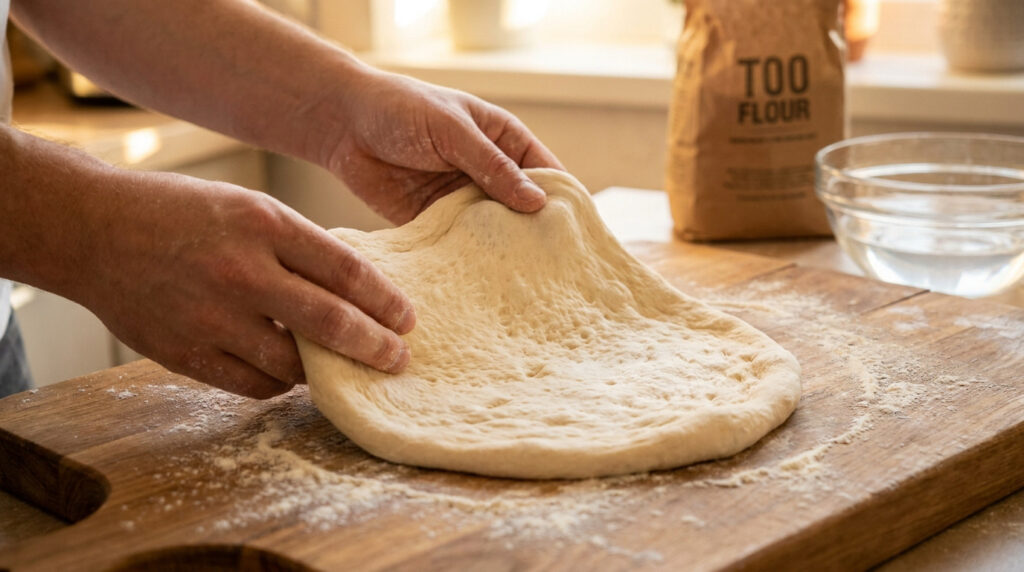 Mains étirant une pâte à pizza souple et bien levée sur une planche en bois farinée. Sac de farine et bol d'eau en arrière-plan.