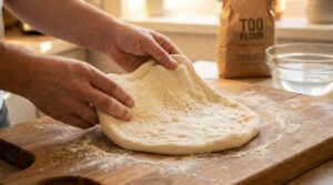 Mains étirant une pâte à pizza souple et bien levée sur une planche en bois farinée. Sac de farine et bol d'eau en arrière-plan.