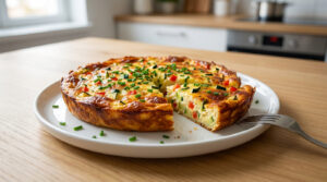 Une quiche sans pâte dorée aux courgettes, poivrons rouges et ciboulette, avec une part coupée, sur une table en bois.