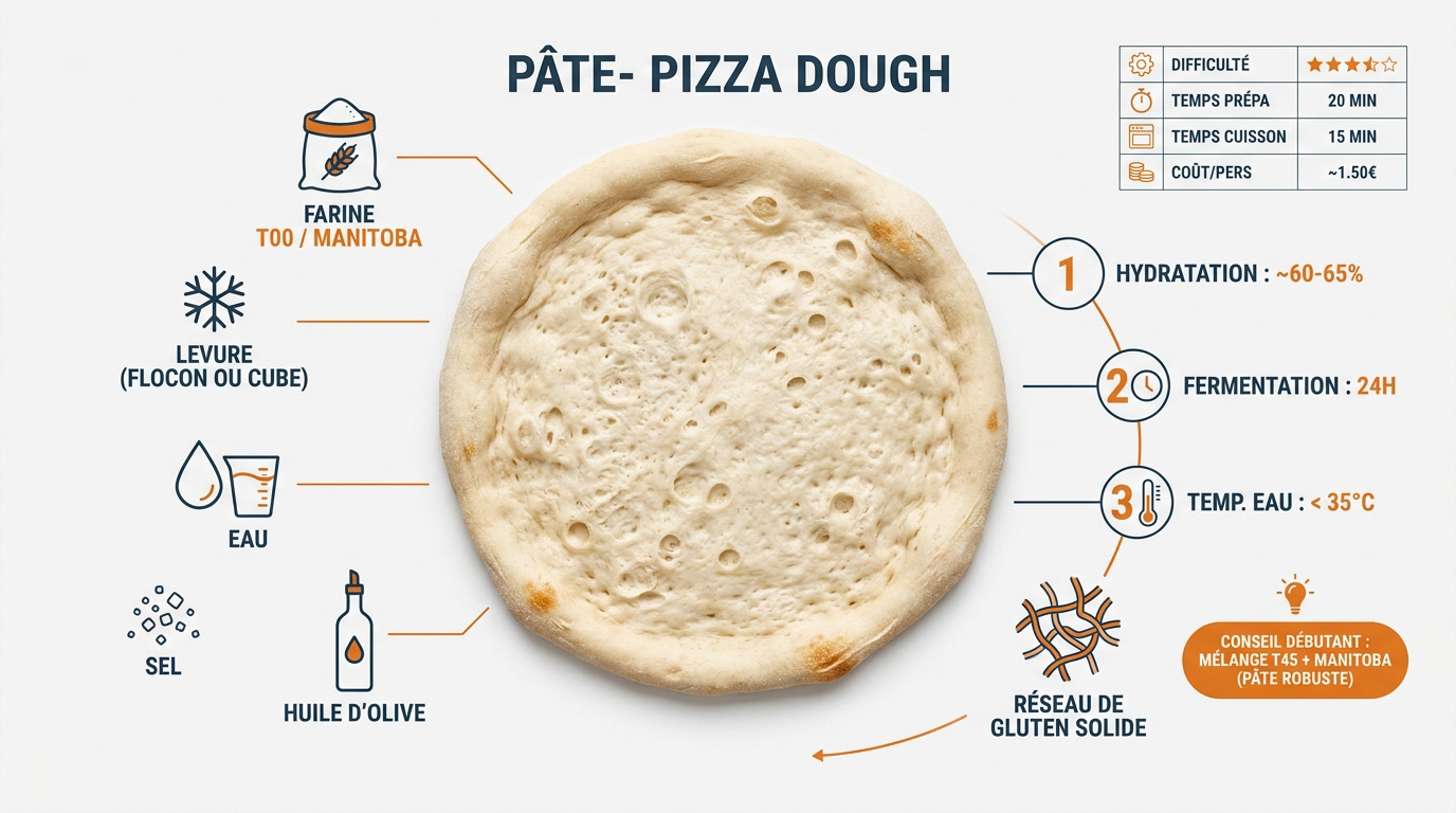 Infographie explicative pour réussir une pâte à pizza maison avec les étapes de pétrissage et de repos