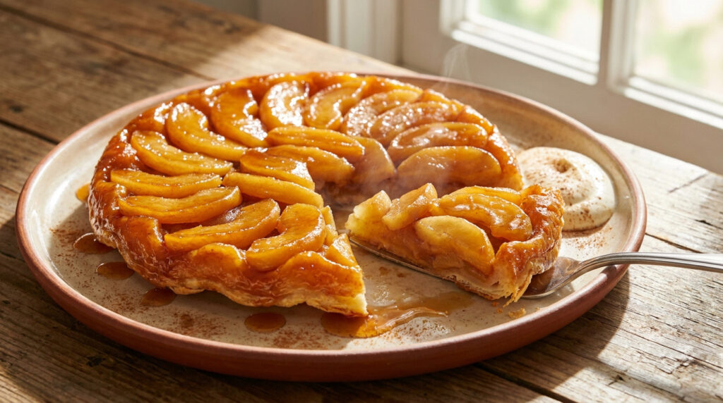 Une tarte Tatin aux pommes caramélisées et dorées, une part est sur la palette. Servie avec une touche de crème fouettée, sur une table en bois.