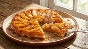 Une tarte Tatin aux pommes caramélisées et dorées, une part est sur la palette. Servie avec une touche de crème fouettée, sur une table en bois.