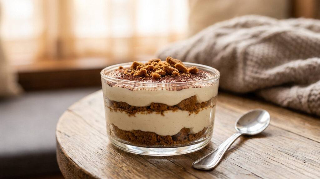 Verrine de tiramisu speculoos crémeux et biscuité, saupoudrée de cacao et miettes, sur une table en bois avec cuillère.