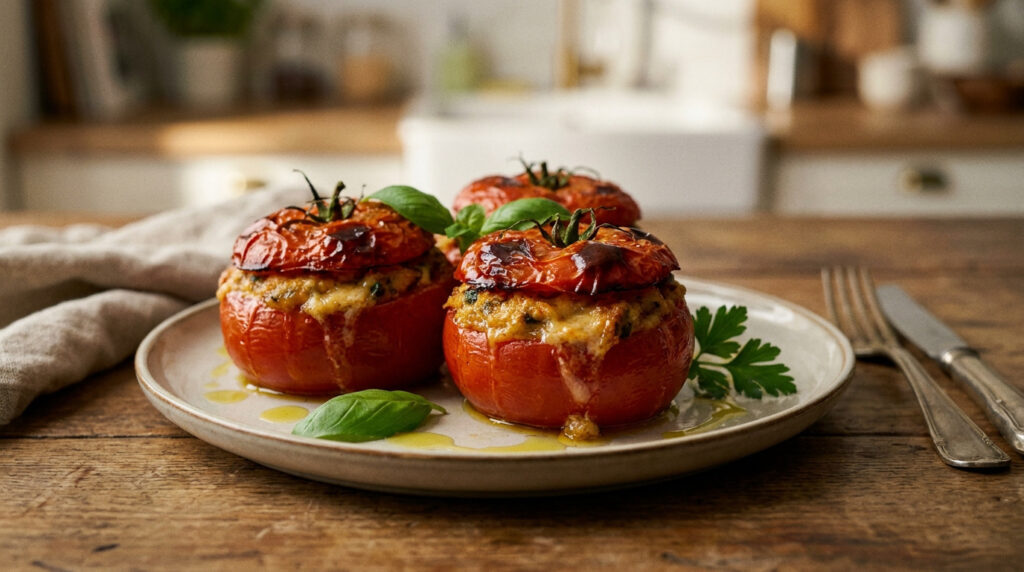 Trois tomates farcies gratinées à la farce moelleuse, décorées de basilic frais, sur une table en bois avec couverts.