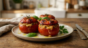 Trois tomates farcies gratinées à la farce moelleuse, décorées de basilic frais, sur une table en bois avec couverts.